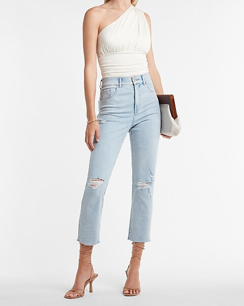 Body Contour Double Layer Ruched One Shoulder Thong Bodysuit | Express