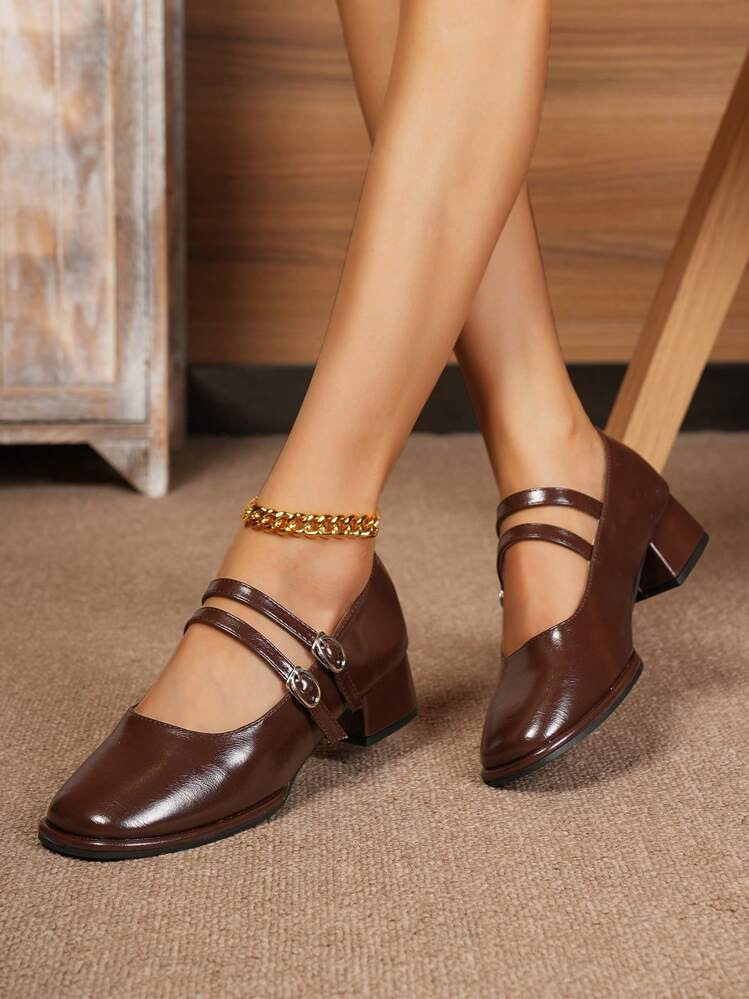 Fashionable Women's Simple Versatile Double Buckle Thick Heel Mary Jane Shoes, Red High Heels, Violet Solid Color Ladies Flats | SHEIN