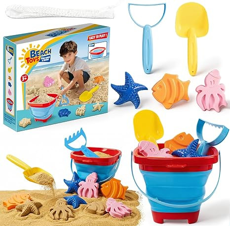 Beach Sand Toys Set for Toddlers, Portable Travel Beach Toys with Collapsible Bucket, Shovel, Rak... | Amazon (US)