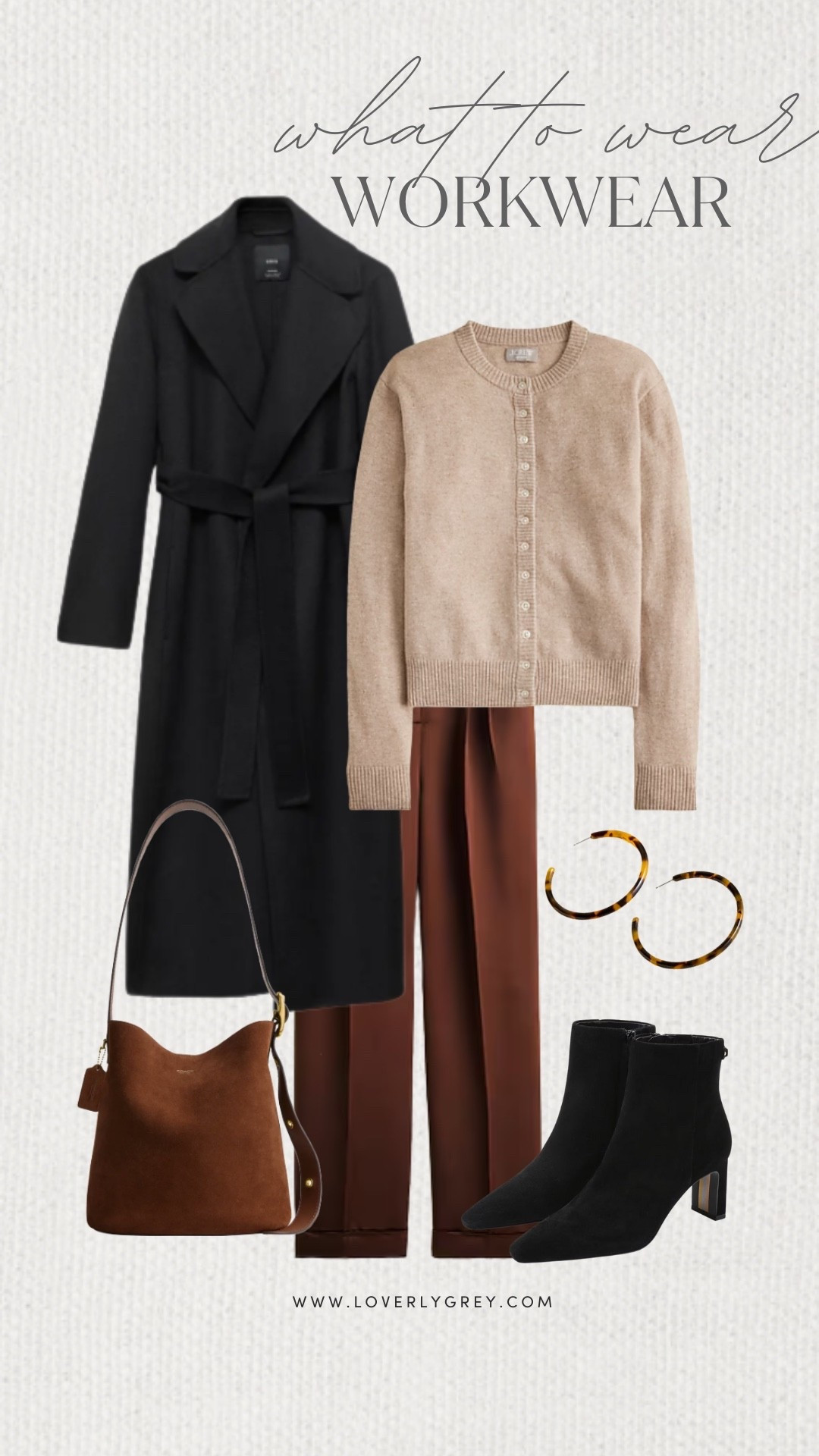 Loverly Grey, what to wear for workwear! I paired J.Crew brown pants with a cardigan and long coat from Nordstrom. To accessorize I added black booties, a coach bag, and tortoise hoops. 

#LTKgrwm #LTKFindsUnder100 #LTKSeasonal