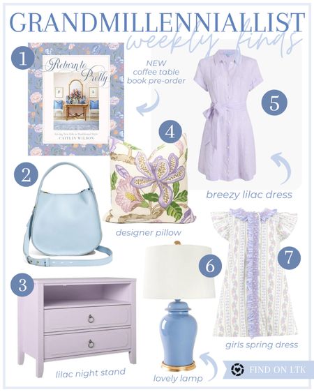 Home Decor Fashion weekly finds! Pretty lilac and blue home dress girls spring dress lamp nightstand crossbody bag design book pillow
