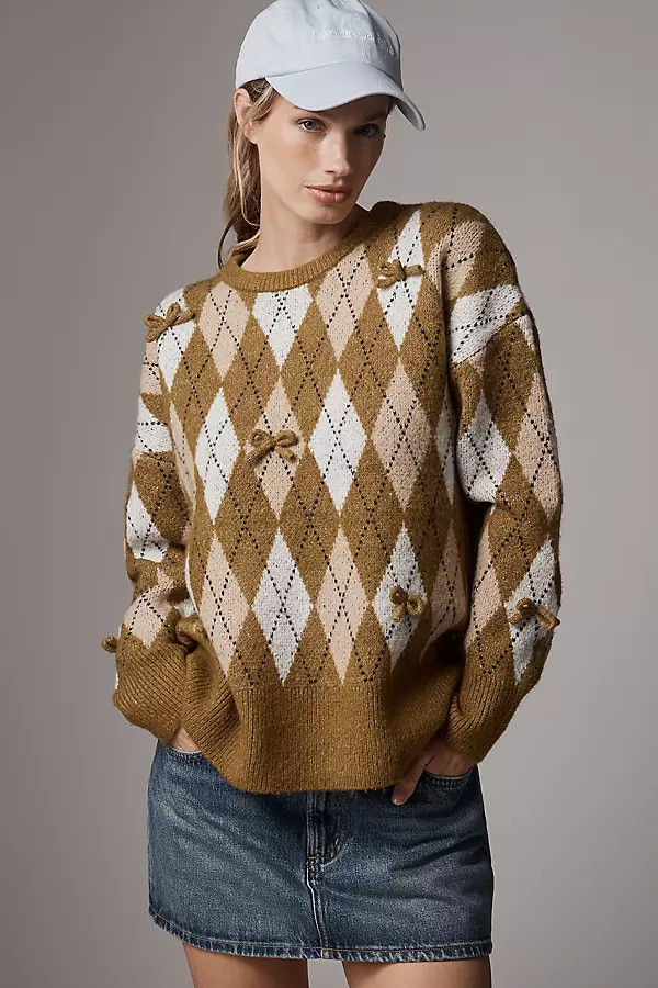 3D Bow Argyle Crew-Neck Sweater | Anthropologie (US)