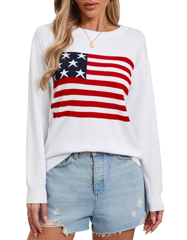American Flag Graphic Sweaters for Women Casual 4th of July Crew Neck Sweater Long Sleeve Lightwe... | Walmart (US)