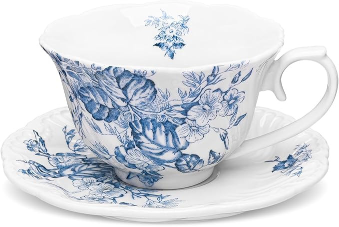 fanquare 8 Ounce Blue and White Tea Cup and Saucer Set, Relief Porcelain Coffee Cup with Ruffled ... | Amazon (US)