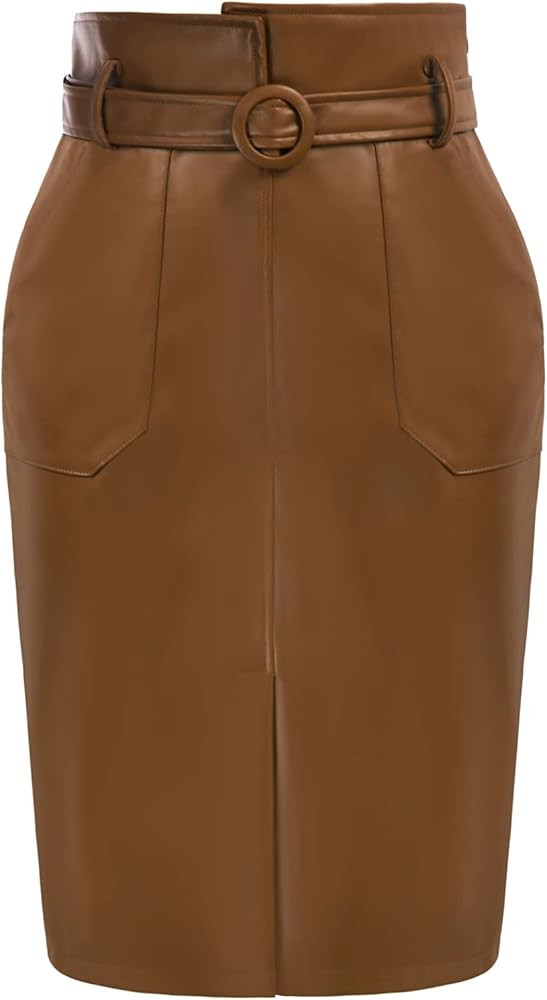 Belle Poque Leather Skirts with Belt Pocket High Waisted Front Slit Pencil Skirt | Amazon (US)