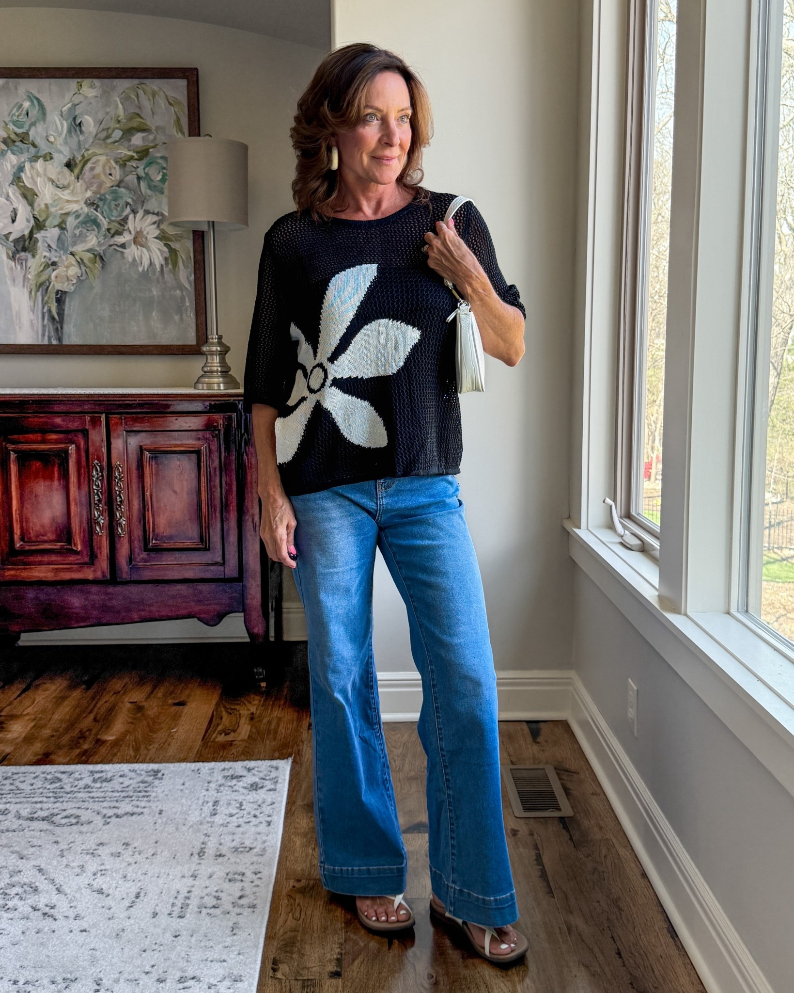 Black mesh floral sweater with wide leg jeans and neutral sandals

This is one of those easy outfits that looks styled but takes zero effort—lightweight knit + relaxed denim just works.

#casualstyle #over50fashion #everydayoutfits #denimstyle