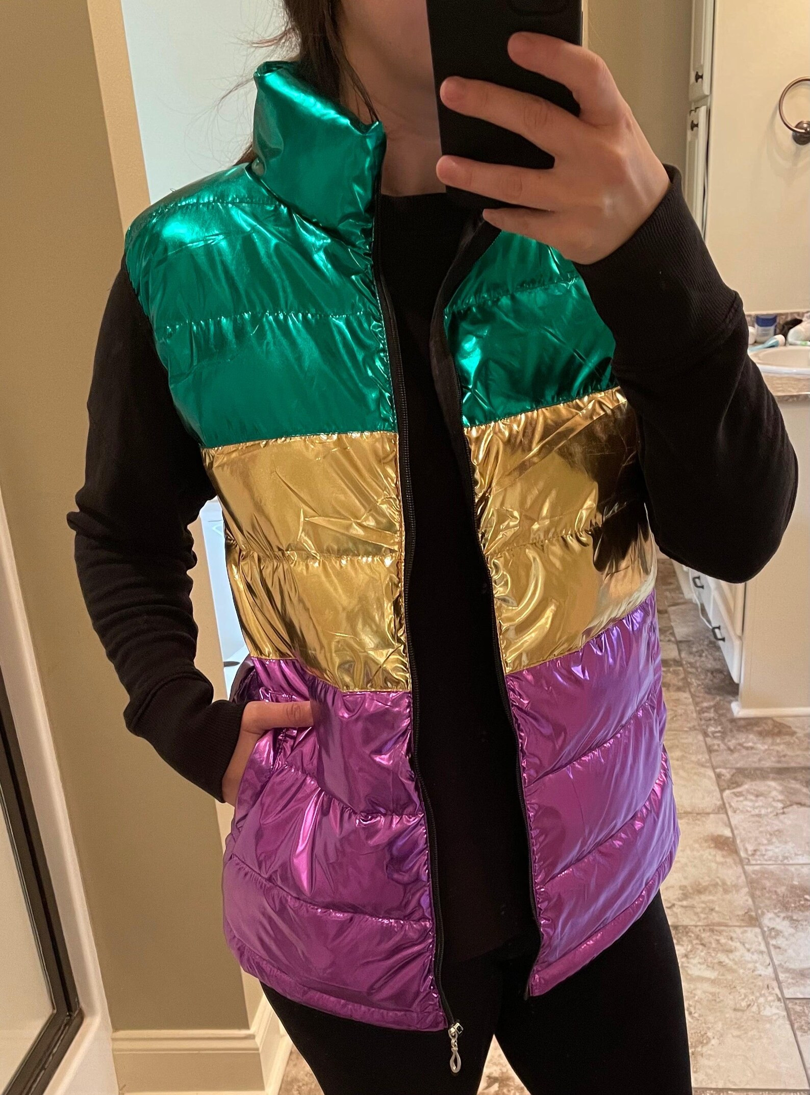Metallic Mardi Gras Puffer Full Zip Vest Lightweight - Etsy | Etsy (US)
