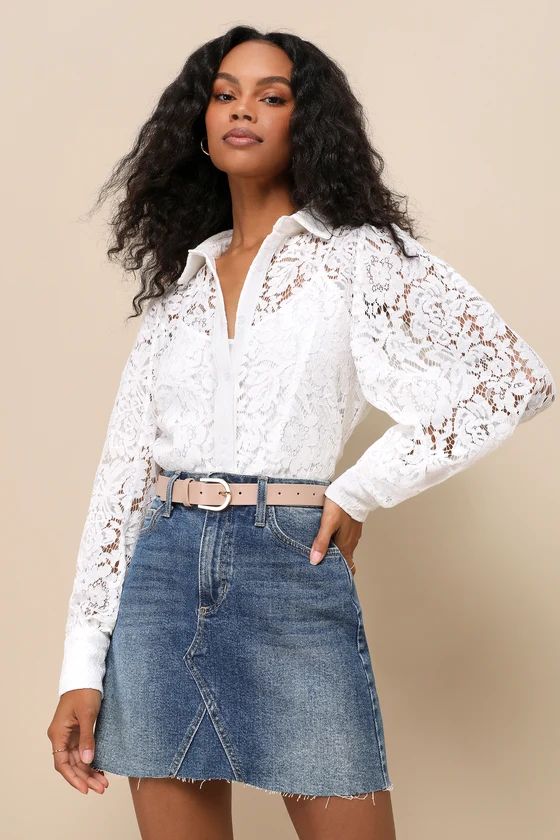 Delicate Perfection Ivory Sheer Lace Long Sleeve Button-Up Top | Lulus