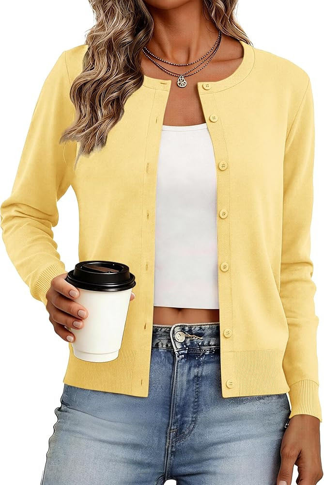 Women's Cardigan Sweaters Lightweight Crew Neck Button Down Long Sleeve Spring Outfits Fashion Cl... | Amazon (US)