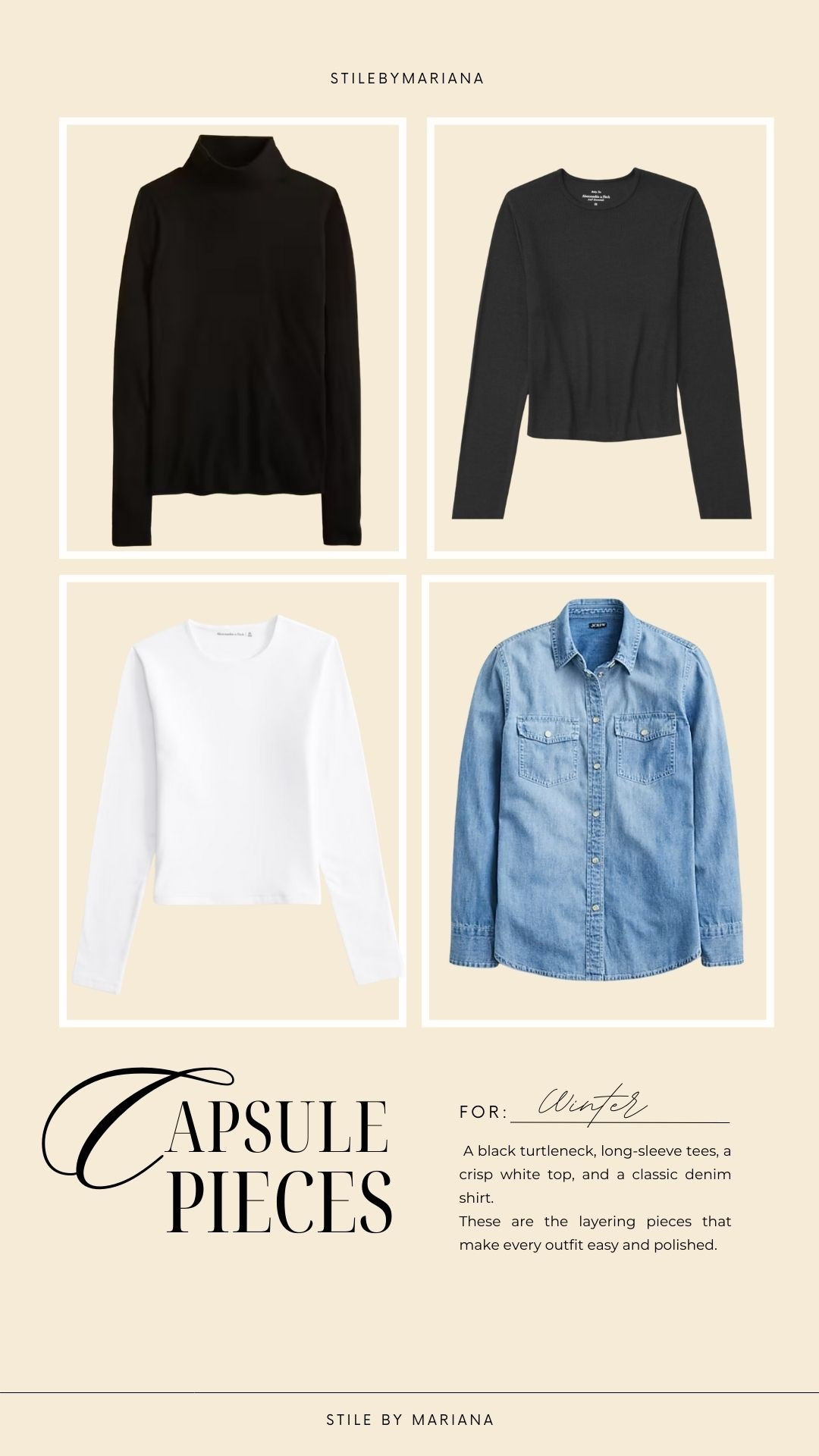 Basic Tops in My Winter Capsule 🤍
A black turtleneck, long-sleeve tees, a crisp white top, and a classic denim shirt.
These are the layering pieces that make every outfit easy and polished.

#LTKFindsUnder50 #LTKSeasonal #LTKFindsUnder100