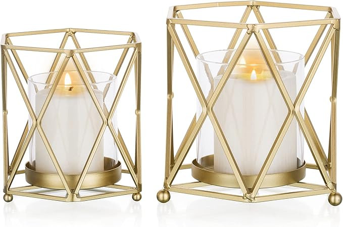 Sziqiqi Hurricane Candle Holder Set Metal Glass Pillar Candle Holders Hexagon Geometric Wire Cand... | Amazon (UK)