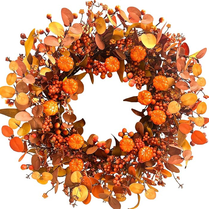 Fall Wreath 22 Inch Fall Wreaths for Front Door Autumn Pumpkin Wreaths with Orange Eucalyptus Lea... | Amazon (US)