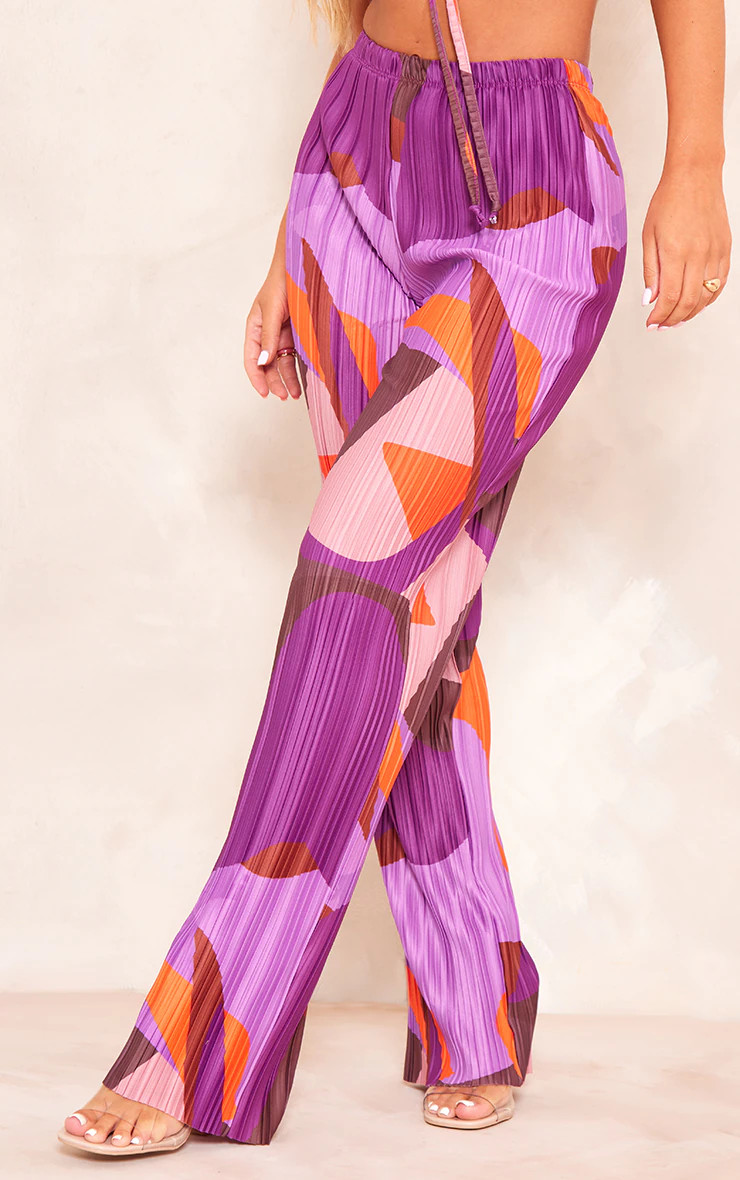 Pink Print Plisse High Waist Wide Leg Pants | PrettyLittleThing US