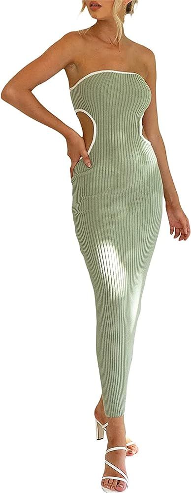 Women's Knit Strapless Maxi Dress Side Cutout Backless Ribbed Long Dresses Bodycon Y2k Tube Top B... | Amazon (US)