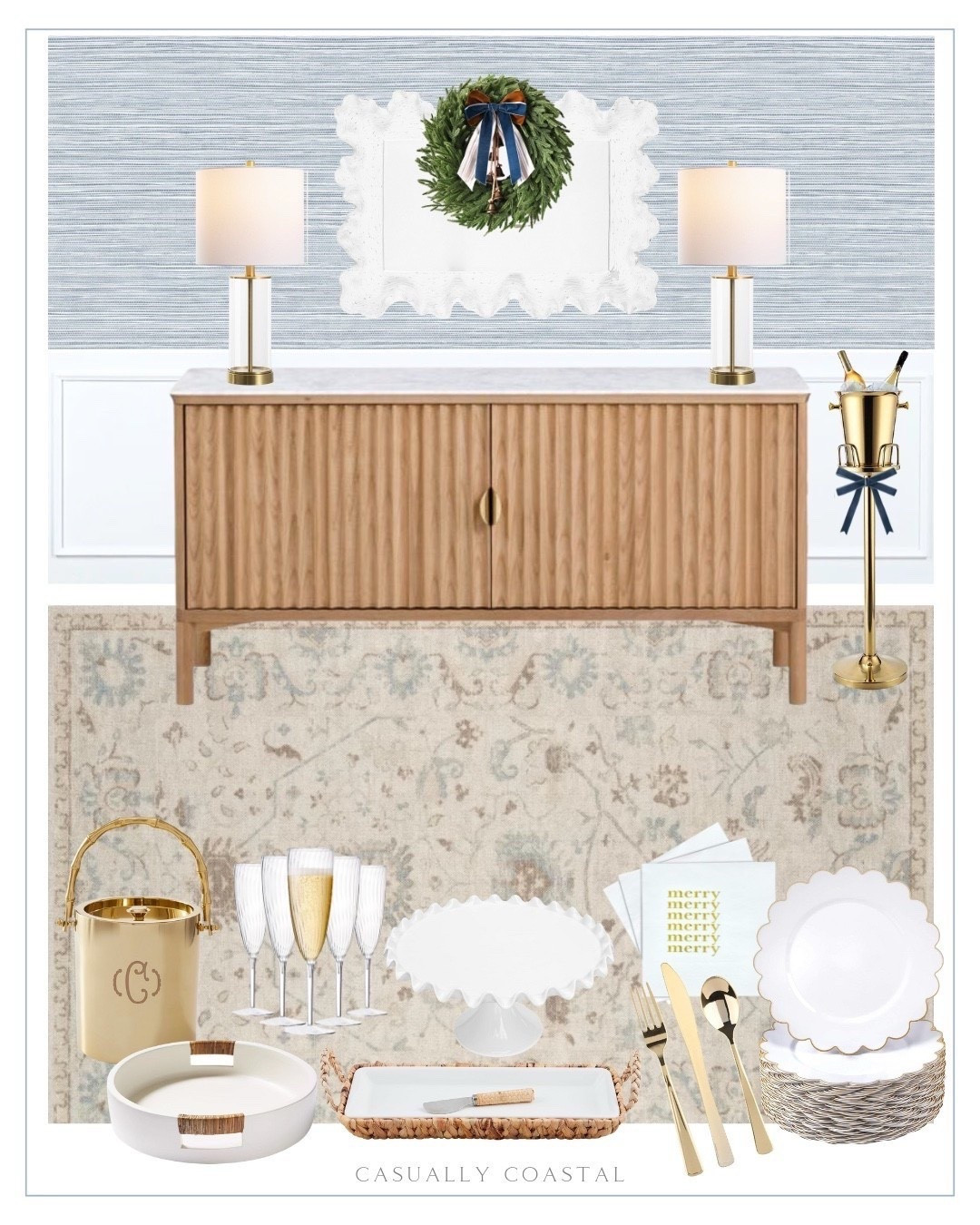 Holiday Sideboard 

Coastal home decor, coastal Christmas, McGee & Co sideboard, rectangular mirror, white mirror, glass table lamp, wayfair lamp, Amazon rug, neutral rug, affordable rug, beige rug, coastal rug, peel and stick wallpaper, Amazon wallpaper, Norfolk pine Christmas wreath, Amazon wreath, white and gold plates, gold scalloped edge disposable plate, clear plastic champagne glasses, mud pie water hyacinth hostess tray, gold plastic silverware, plastic silverware, merry Christmas cocktail napkins, round cake stand, gold bamboo ice bucket, rattan beverage tub, marble Christmas tree cheese board, spinnaker tray, navy blue velvet ribbons, gold ice bucket with stand, large champagne ice bucket 

#LTKHoliday #LTKSeasonal #LTKHome