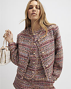 Red Boucle Cropped Bomber Jacket | River Island UK & IE