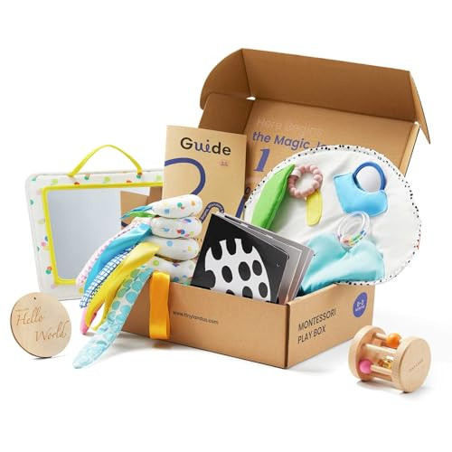 Tiny Land Montessori Baby Toy Set 0-3 Months Newborn Development Sensory Play Kit - 5-in-1 Mirror, Black & White Card Set, Rolling Bell, Play Mat, and Bed Wrap | Amazon (US)