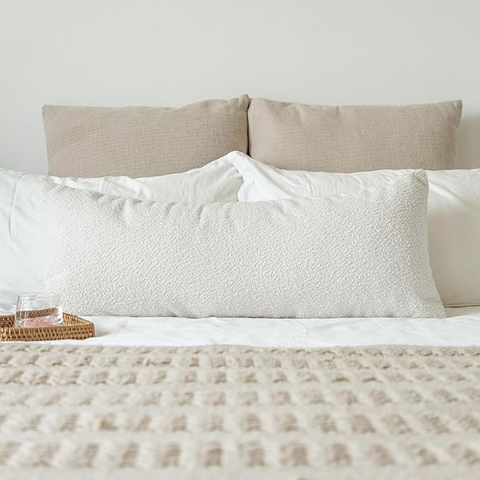 14x36 inch Boucle Lumbar Pillow Cover, Cream White Woven Texture Neutral Long Pillow Cover Breath... | Amazon (US)