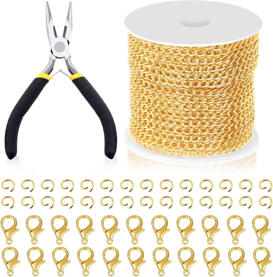Swpeet 102Pcs Gold 3mm by 10 Yard Length Jewelry Making Chains Kit with Jump Rings, Lobster Clasp... | Amazon (US)