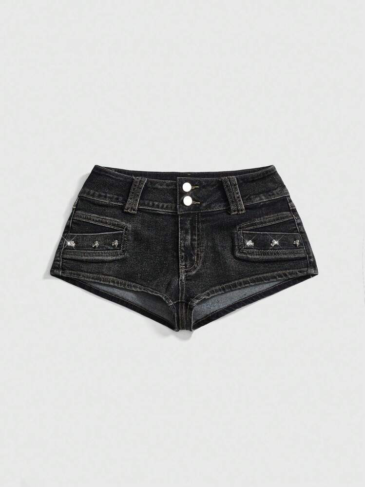 SHEINxHITOMI ROMWE Spring/Summer Black Super Low Waist Vintage Distressed Skull & Rivet Decorated Women's Kpop Denim Shorts | SHEIN