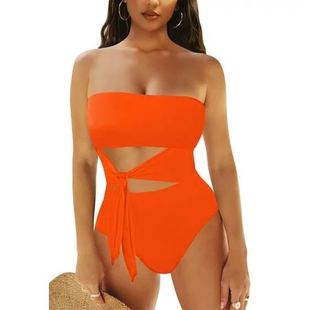 Pink Queen Women s Strapless Cutout One Piece Swimsuit Tie Waist High Cut Bathing Suit Orange L | Walmart (US)