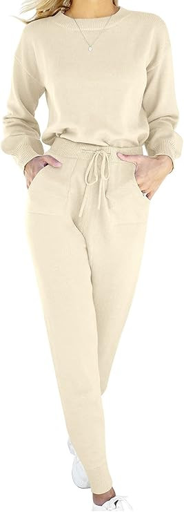 ANRABESS White Lounge Sets Women Clothing Knit Comfy Lounge Sets Drawstring Pants Sweatsuits Ind... | Amazon (US)