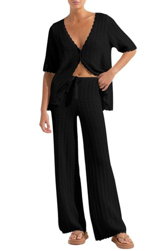 Imily Bela Women's Summer 2 Piece Swimsuit Cover up Crochet Knit Cardigan Tops Long Pants Set Bat... | Amazon (US)
