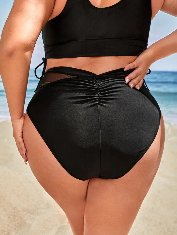 Plus Ruched Back Contrast Mesh Bikini Bottom | SHEIN