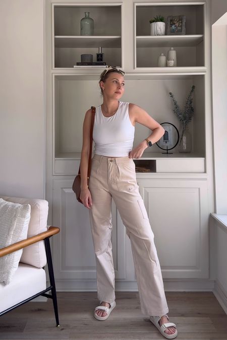 Casual spring outfit with cargo pants! Wearing a small in tank, and small long in pants! They have a stretchy waistband in the back! Dad sandals run tts. 

#LTKstyletip #LTKSeasonal #LTKshoecrush