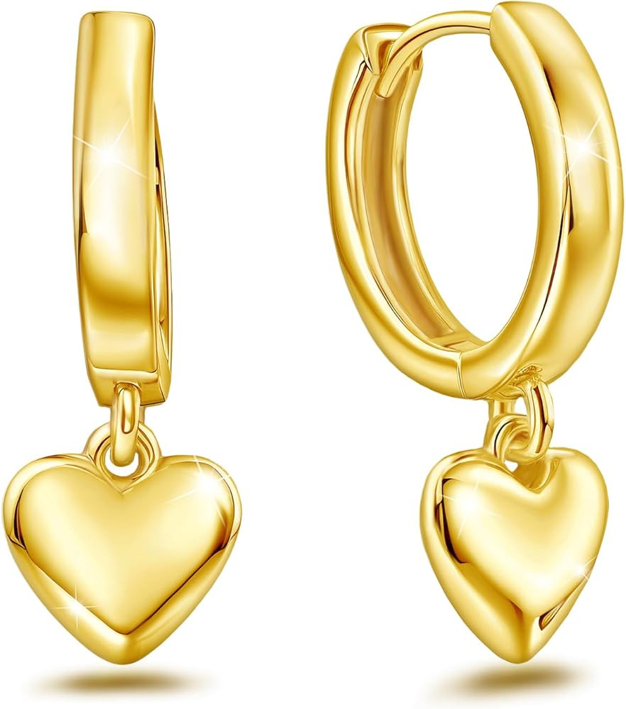 Heart Earrings for Women Girls-Sterling Silver Heart Dangle Hoop Earrings with Charm Love Huggie ... | Amazon (US)