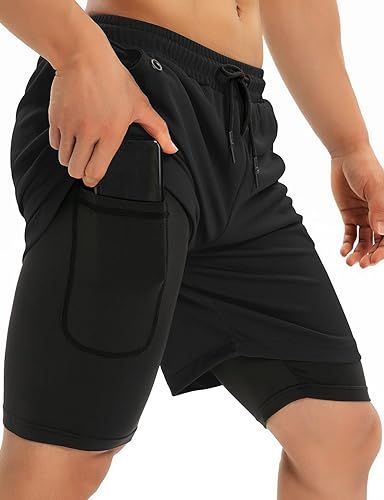 FLYEVEA Mens 2 in 1 Workout Running Shorts Athletic Yoga Gym 7" Short Clothes with Side Pockets | Amazon (US)