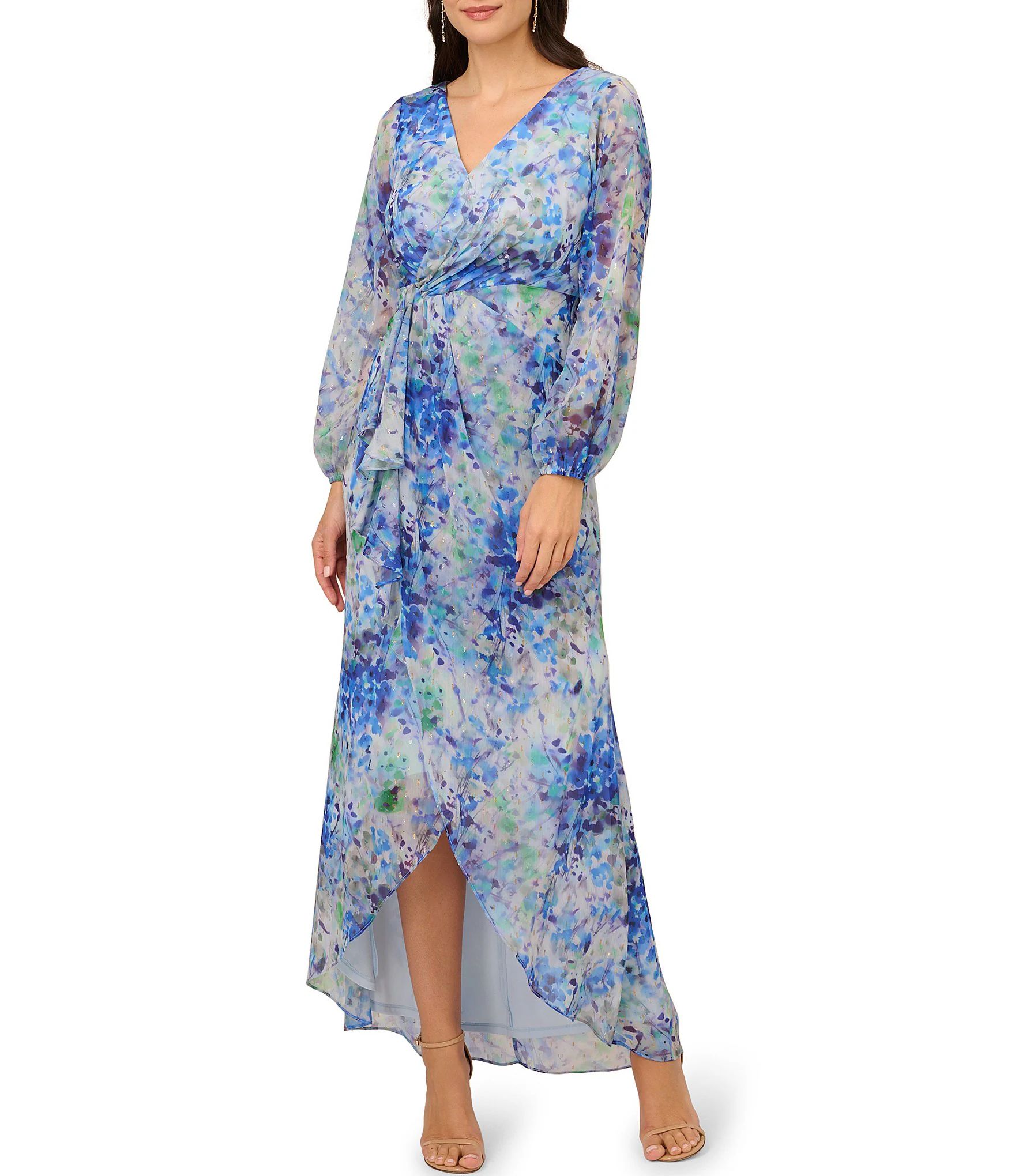Printed Surplice V-Neck Long Sleeve Faux Wrap Dress | Dillard's