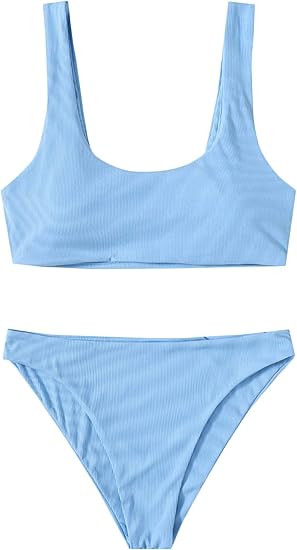 SweatyRocks Women's Swimwear Set Solid Scoop Neck High Waisted Bikini Swimsuits | Amazon (US)