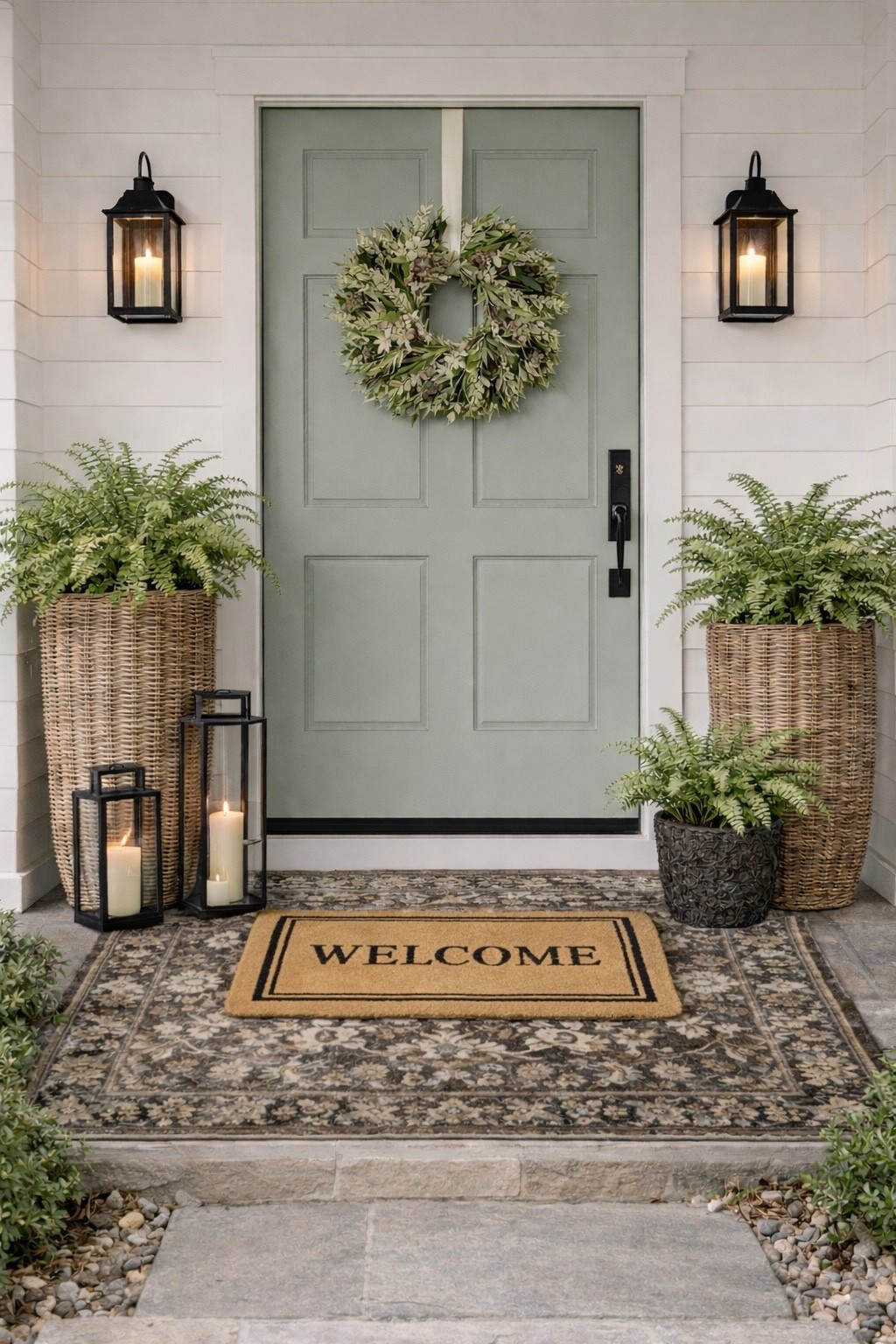 Porch Refresh 
Door: Comfort Gray by Sherwin Williams
Siding: Snowbound by Sherwin Williams

Exterior decorating 
Home decor 
Porch styling 
Amazon
Pottery barn 
Walmart 
