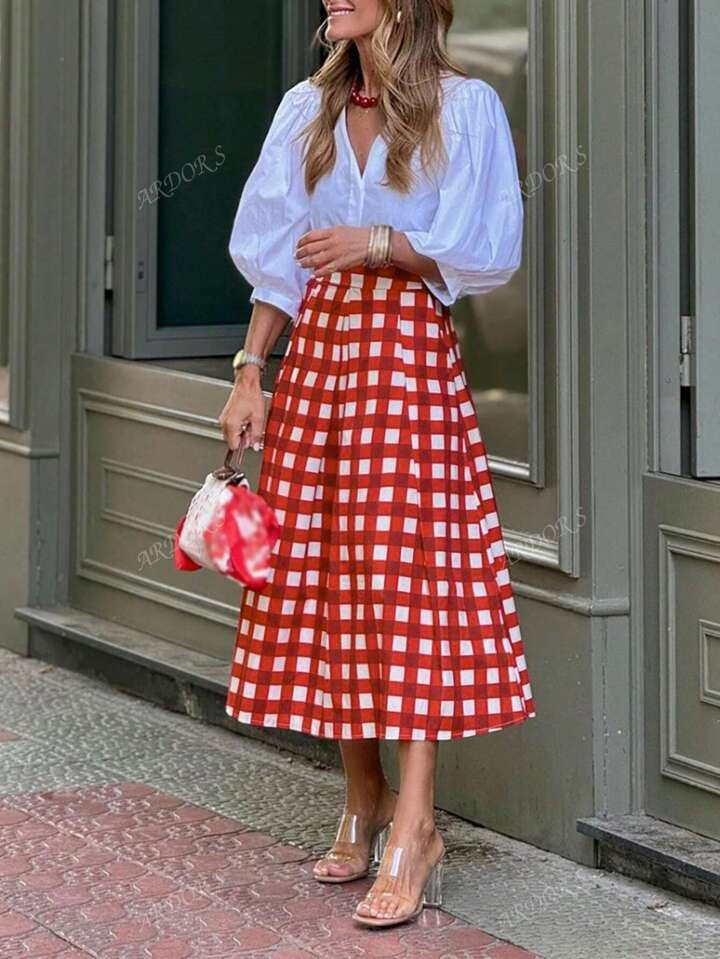 Holiday Wear Spring And Summer New Red Plaid Checkerboard Fashion Casual Vacation Comfortable And Elegant Romantic Pockets Pressed Pleated Women's A-Swing Long Half-Body Skirt | SHEIN