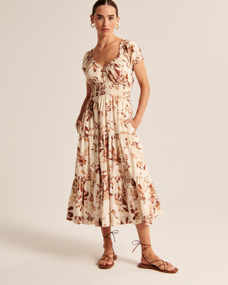 Cap Sleeve Smocked Waist Midi Dress | Abercrombie & Fitch (US)