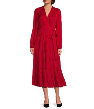 Moonshadow Satin Surplice V-Neck Long Blouson Sleeve Wrap Tie at Waist A-Line Midi Dress | Dillard's