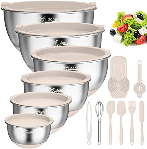 Mixing Bowls with Airtight Lids, 19 PCS Stainless Steel Metal Bowls by Wildone, with Non-Slip Silico | Amazon (US)