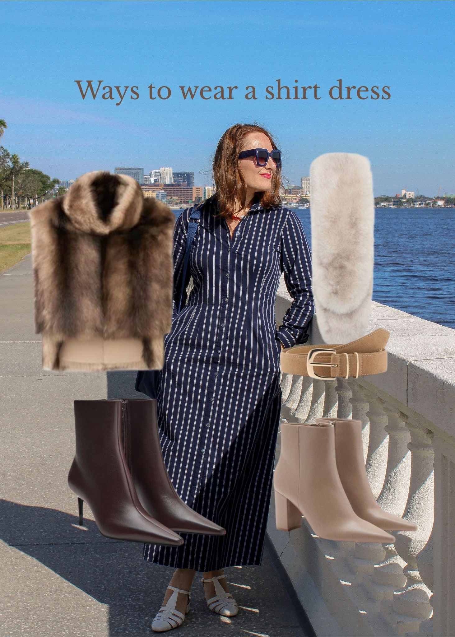 An easy way to joosh a shirt dress: add a faux fur vest with booties, or  a faux fur scarf secured with a belt and    booties again, of course. 

#LTKStyleTip