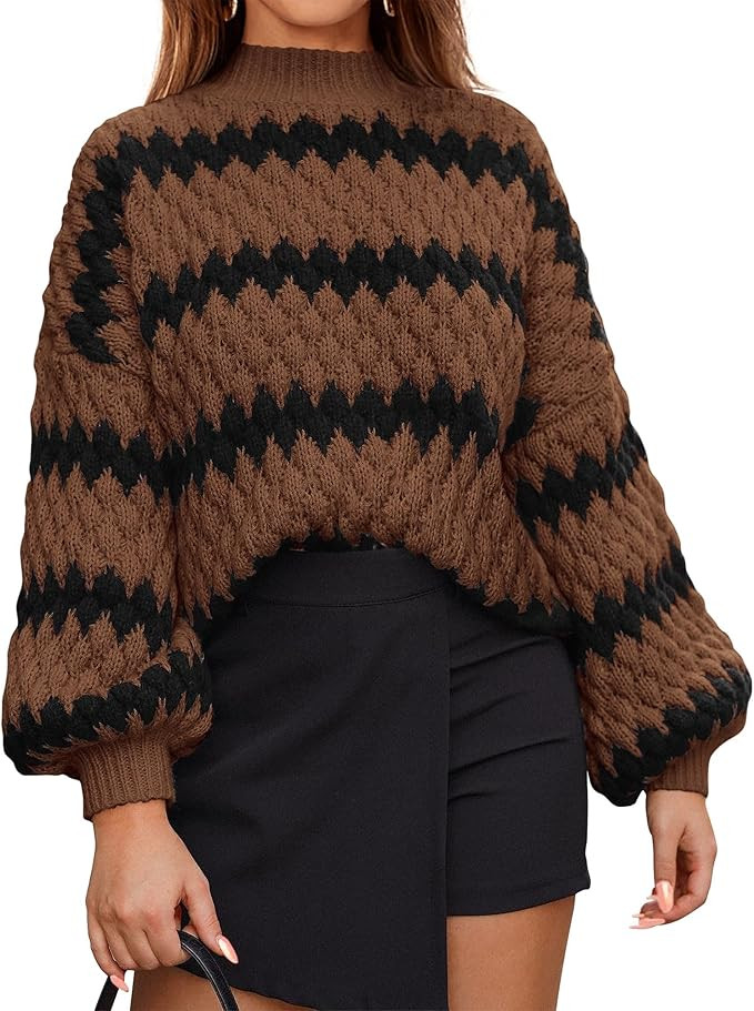 KIRUNDO Womens Striped Long Sleeve Chunky Knit Pullover Sweater Casual Mock Neck Loose Fit Cute F... | Amazon (US)