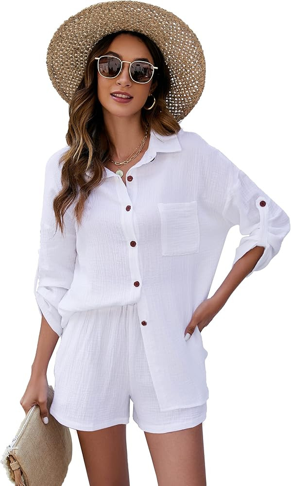 Kissonic 2 Piece Outfits for Women, Lounge Sets Pajama Sets Long Sleeve Button Down Oversized Shi... | Amazon (US)