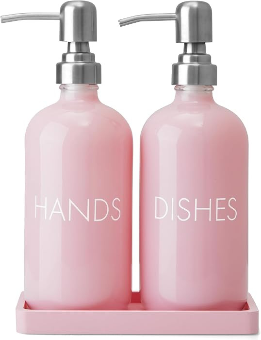 Pink Glass Dish and Hand Soap Dispenser Set - Kitchen Soap Dispenser with Tray and Stainless Stee... | Amazon (US)