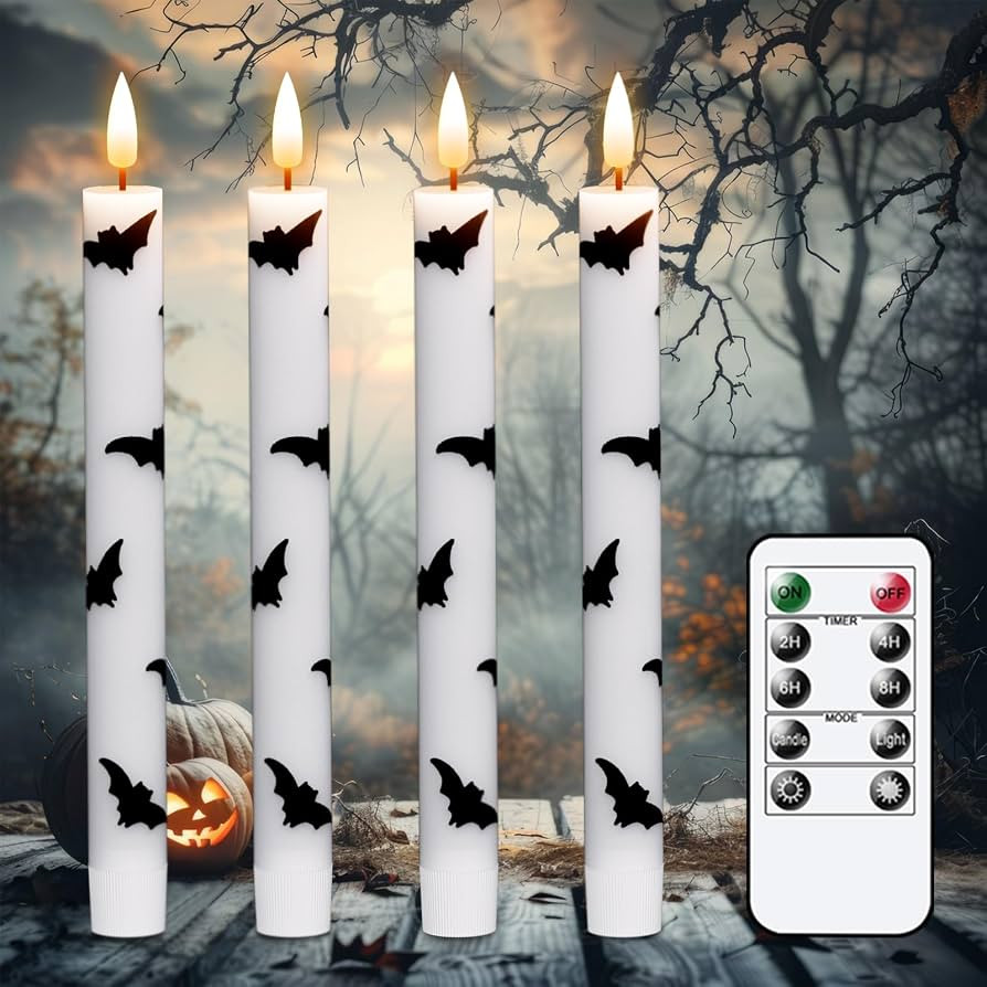 Eldnacele Bats Halloween Flameless Taper Candles Battery Operated with Remote Timer, Set of 4 Whi... | Amazon (US)