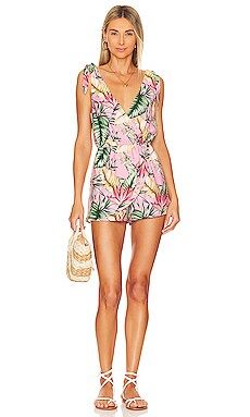superdown Penelope Palm Front Wrap Romper in Pink Palm from Revolve.com | Revolve Clothing (Global)
