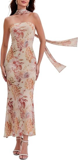 Summer Maxi Dresses for Women 2026 Strapless Ruched Tube Dress with Scarf Beach Vacation Spring W... | Amazon (US)