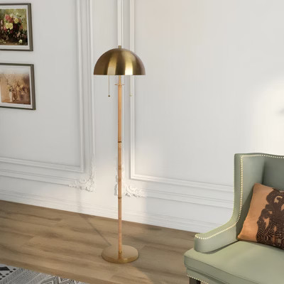 Gold Brass 2-Light Floor Lamp with Natural Rattan Tube & Dual Pull Chains | Target