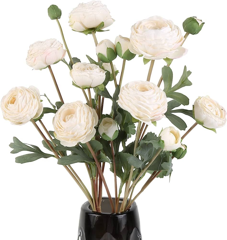 White Artificial Ranunculus Flowers Bouquets,18 Heads Vintage Silk Flowers Buttercup Long Stems F... | Amazon (US)