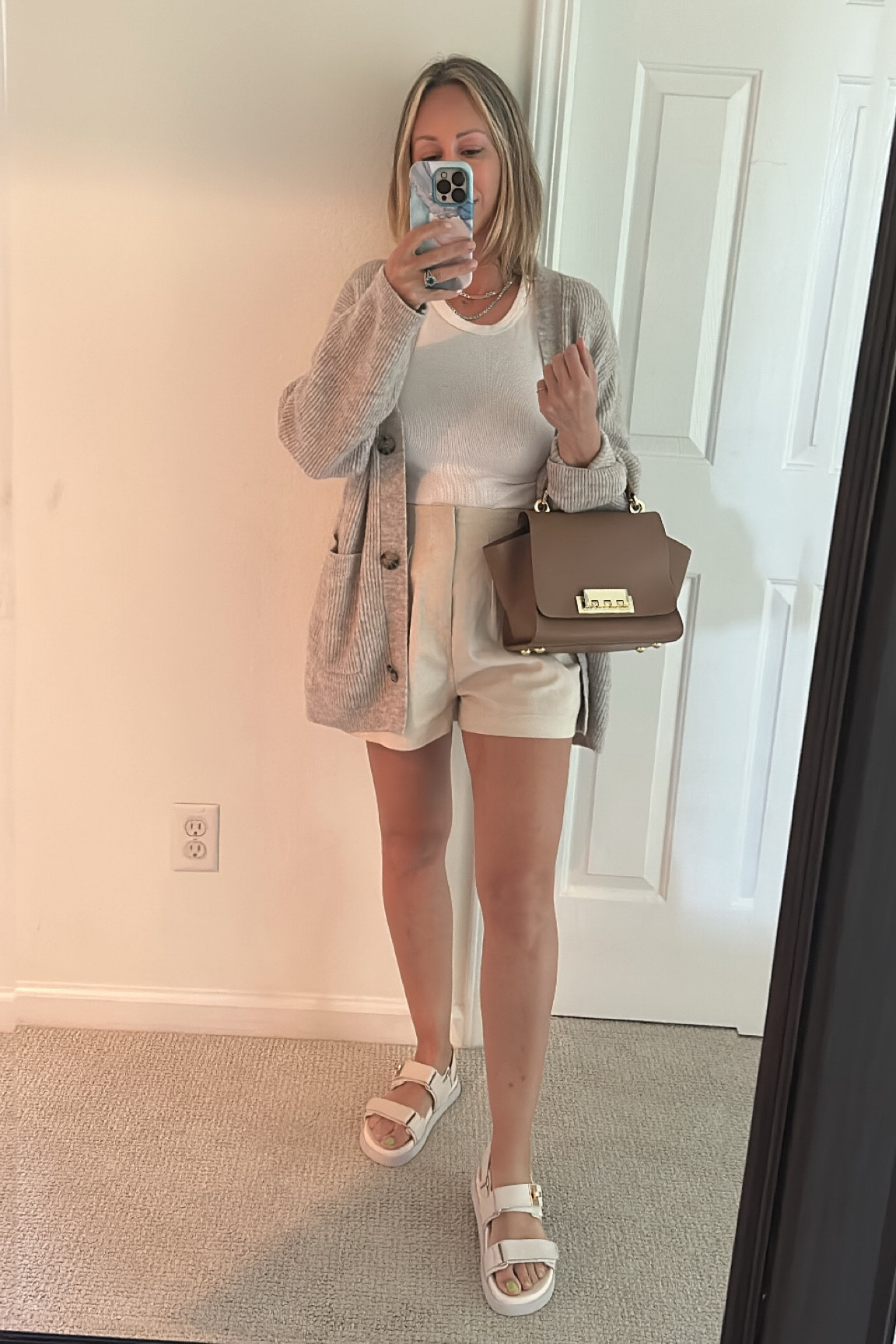 Linen shorts white ribbed tank and dad sandals summer uniform 