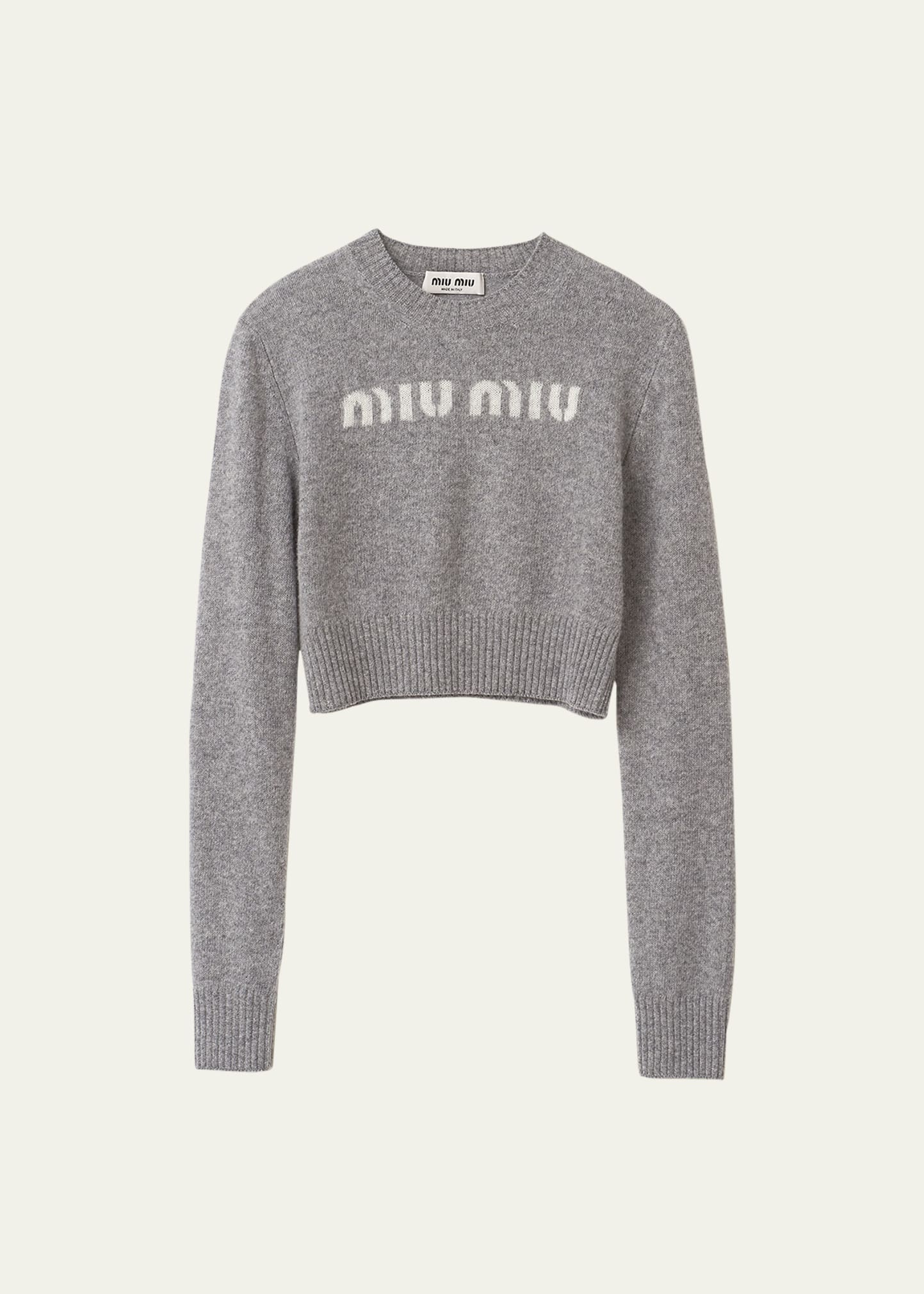 Miu Miu Logo Intarsia Cashmere Wool Crop Sweater | Bergdorf Goodman
