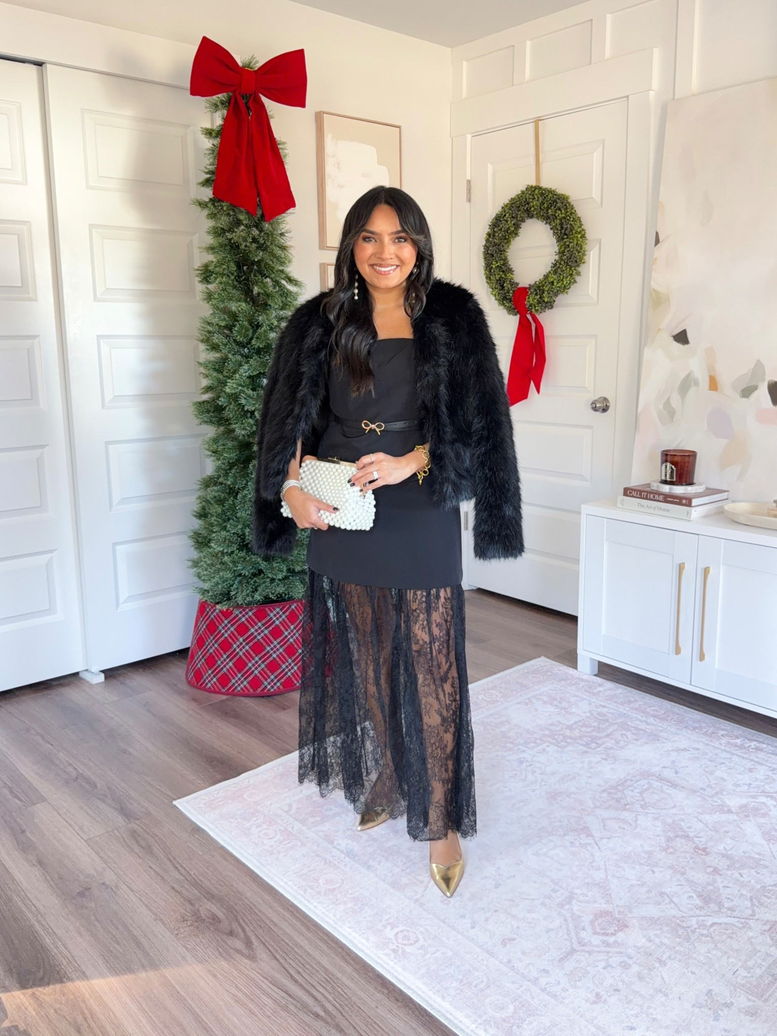 Black faux fur jacket size xxs TTS
Lace trim maxi dress size 0 regular TTS - does come in petite length!
Bow belt - old, similar linked
Gold heels size 5 TTS


#LTKGiftGuide #LTKPetite #LTKHoliday